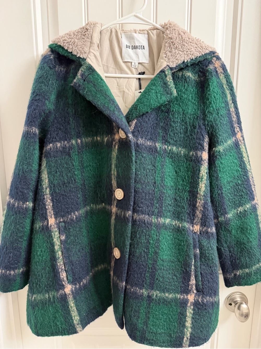 BB Dakota Green Navy Plaid Sherpa Hooded Coat Size S